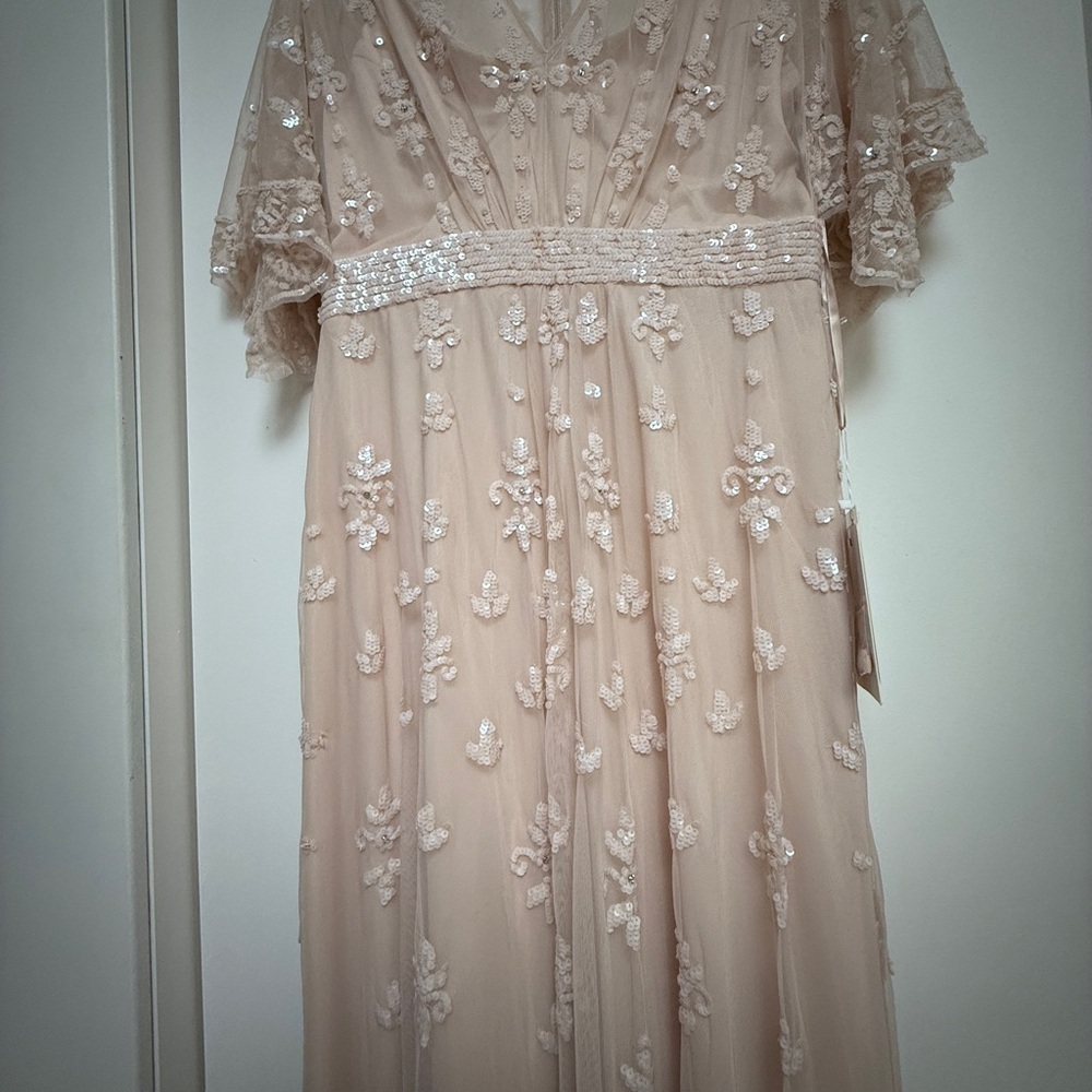 NWOT | Mac Duggal 9144 Pink/Blush Flounce Sleeve Embellished Mesh Gown Size 10 - Picture 7 of 15